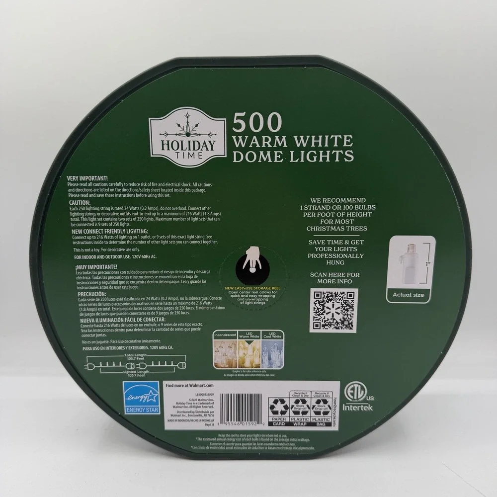 Holiday Time 500-Count Warm White LED Dome String Lights White Wire 105.7 Ft